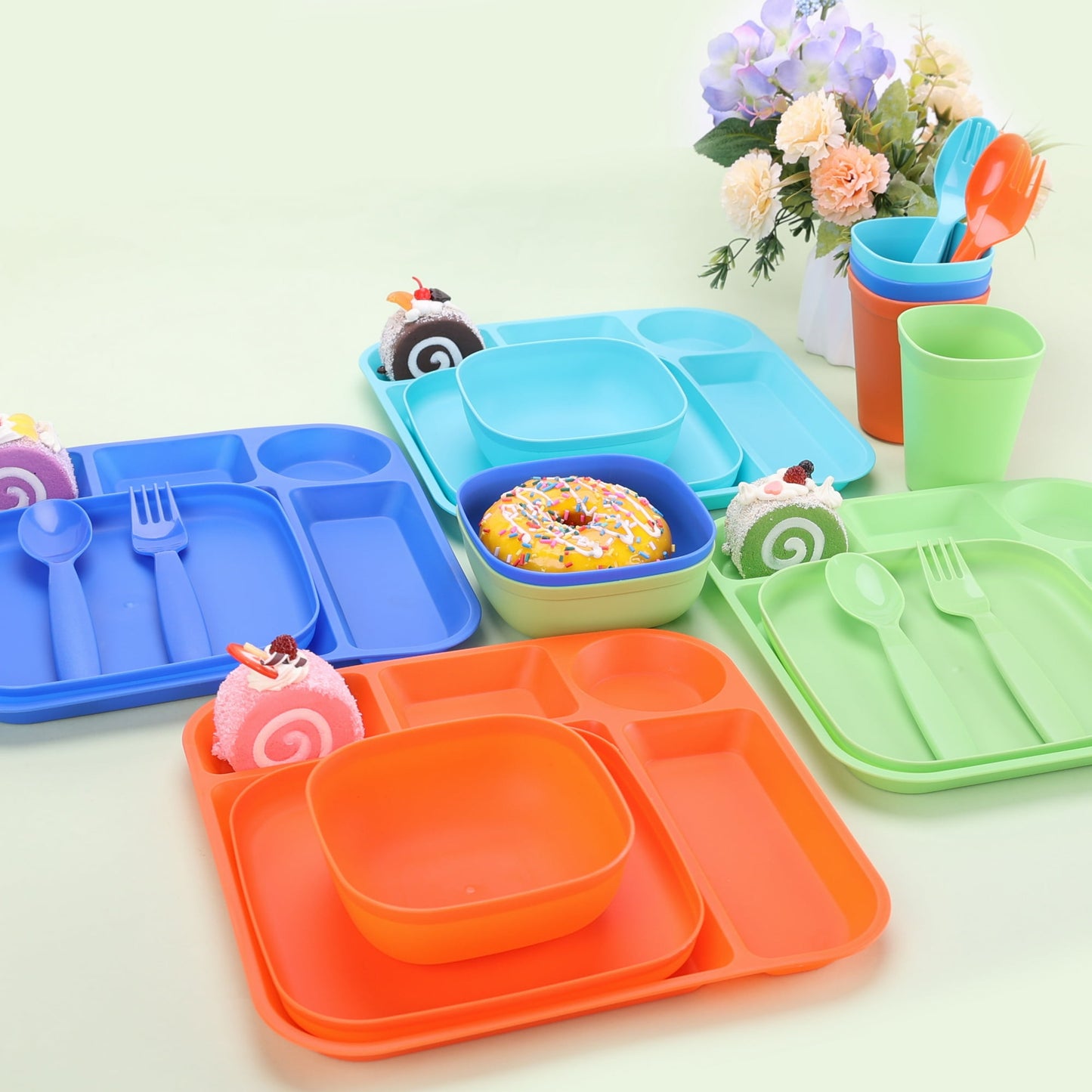 Your Zone 24 Piece Plastic Dinnerware Set for Kids with 4 Each Trays, Bowls, Plates, Cups, Forks, Spoons in Pink, Purple, Aqua Blue, Green