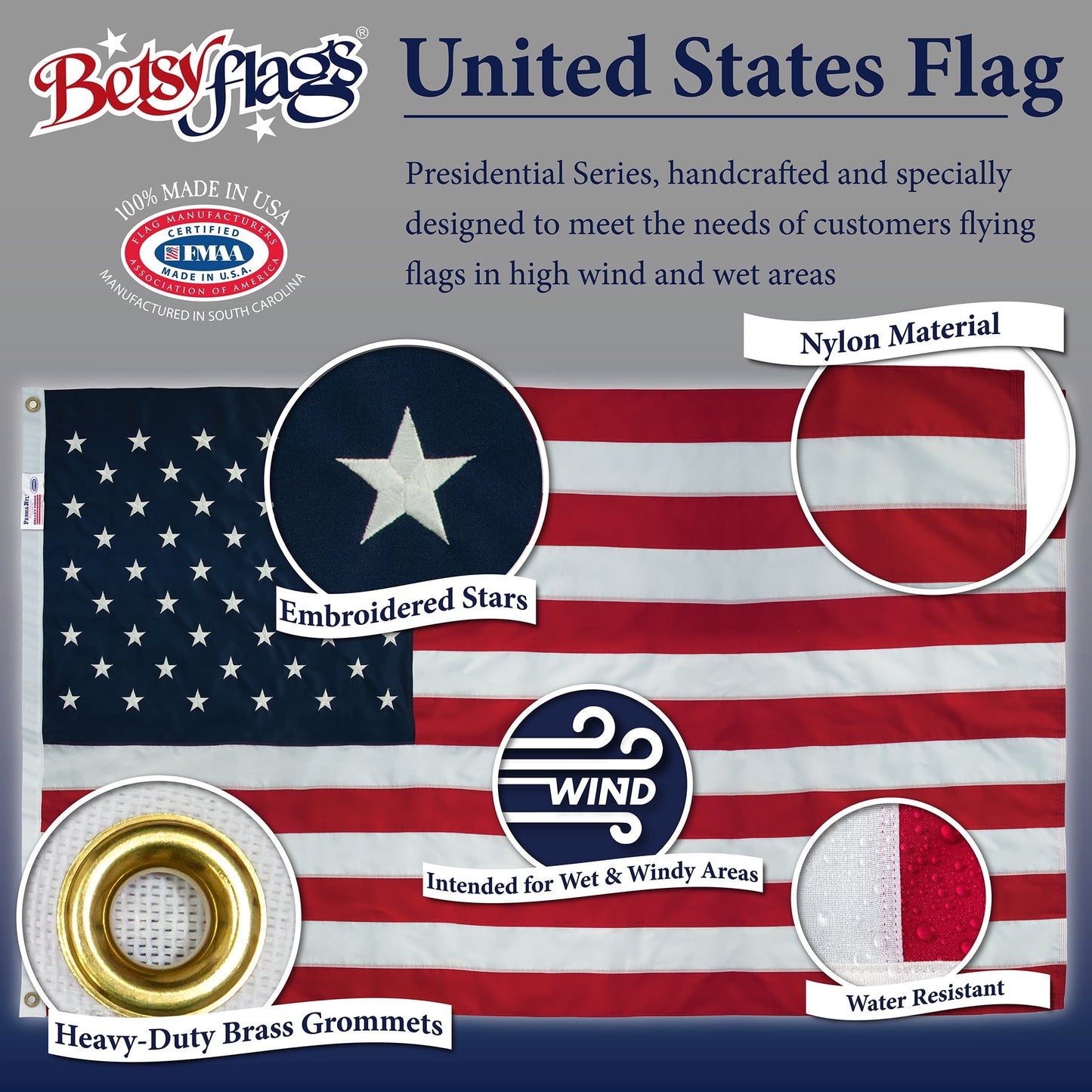 3x5ft Nylon Betsy Flags American Flag, Sewn Stripes Embroidered Stars Grommeted