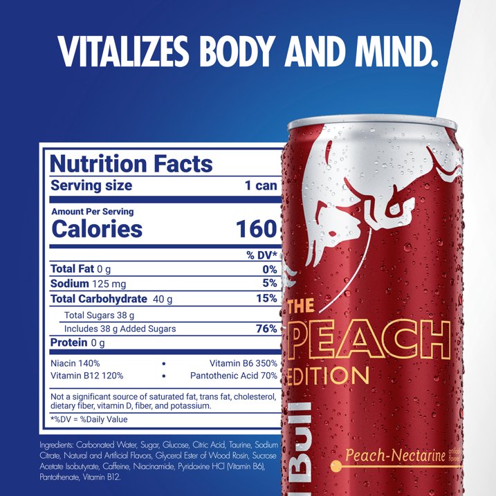 Red Bull Peach Edition Energy Drink, Peach Nectarine, 114mg Caffeine, 12 fl oz Can