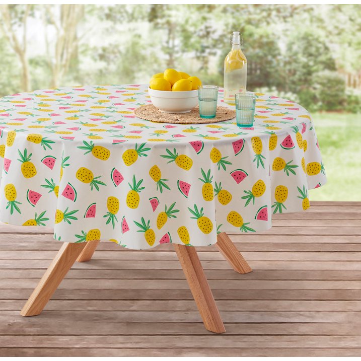 Mainstays White Tropical PEVA Tablecloth, Spring & Summer Fruit, 70" Round, for Outdoor and Indoor