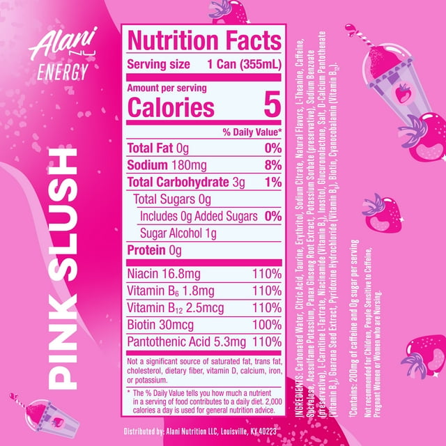 Alani Nu Sugar Free Energy Drink, Pink Slush, 12 fl oz, Can, 200mg Caffeine