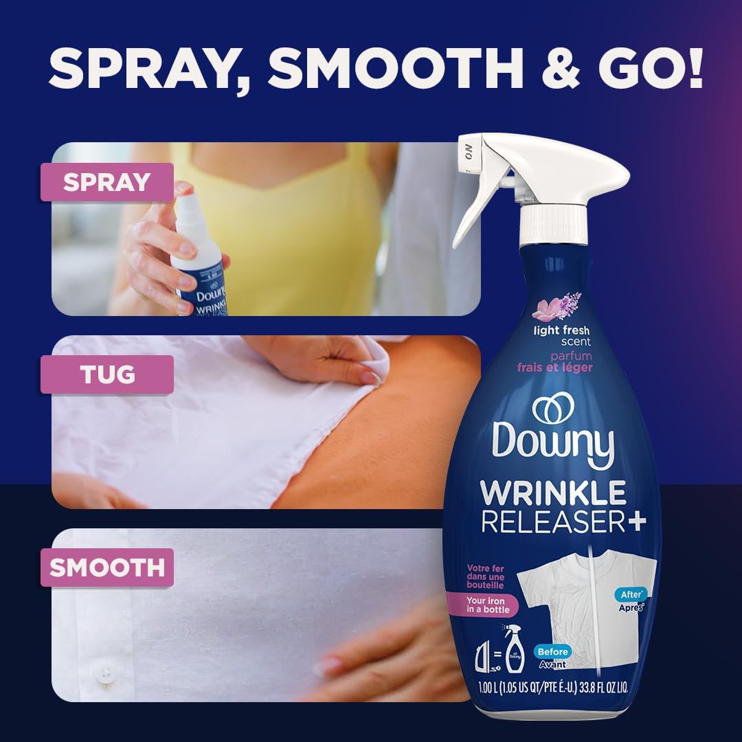 Downy Wrinkle Releaser Spray | All In One Wrinkle Release Spray, Odor Eliminator, Static Remover | Fabric Refresher & Ironing Aid for Clothes | 33.8 Fl Oz, Light Fresh Scent