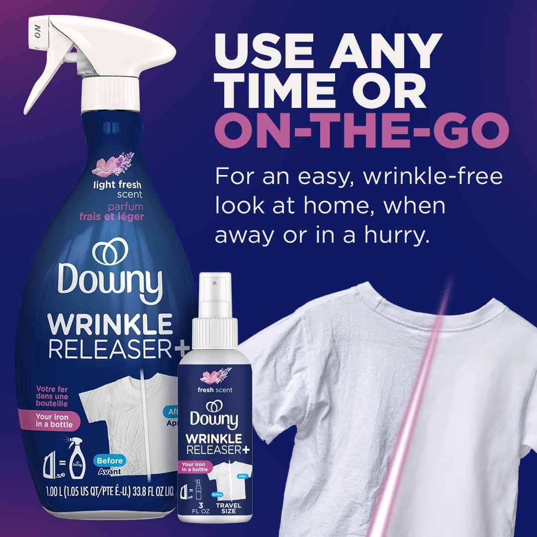 Downy Wrinkle Releaser Spray | All In One Wrinkle Release Spray, Odor Eliminator, Static Remover | Fabric Refresher & Ironing Aid for Clothes | 33.8 Fl Oz, Light Fresh Scent