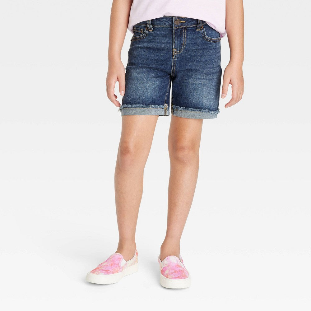 Girls' Cuffed Hem MIDI Jean Shorts - Cat & Jack™ Dark Wash L (10-12) Plus