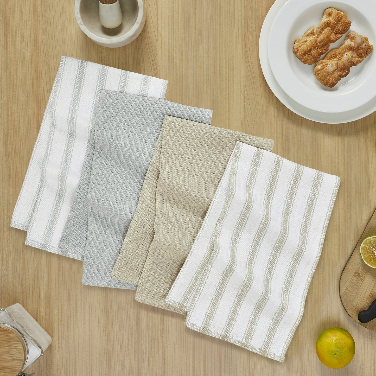 My Texas House Waffle 16" x 28" Cotton Kitchen Towels, 4 Pieces, Beige