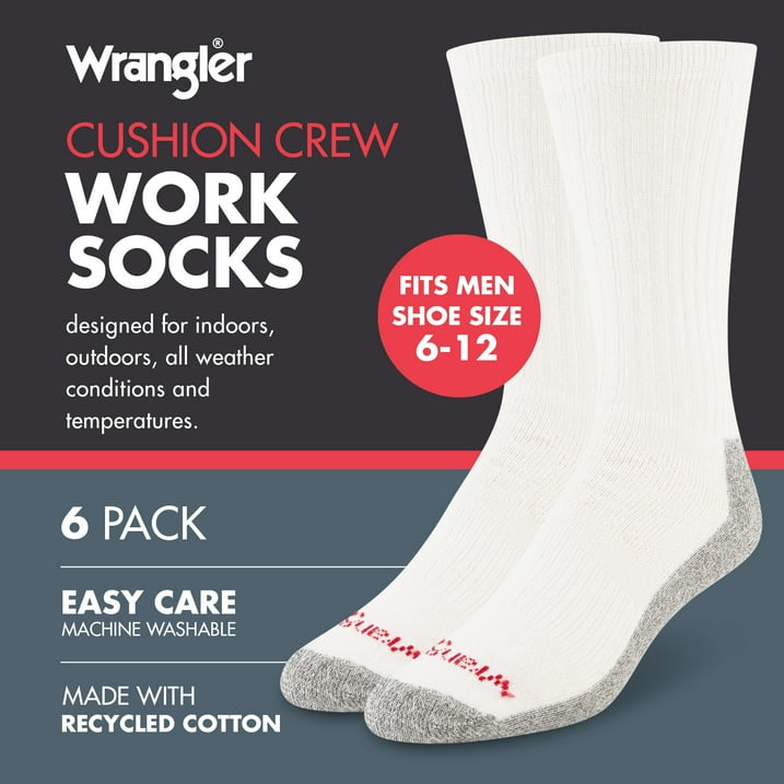 Wrangler Men's Cushion Crew Socks, Work Socks for Men, White, 6 Pack, Size 6-12