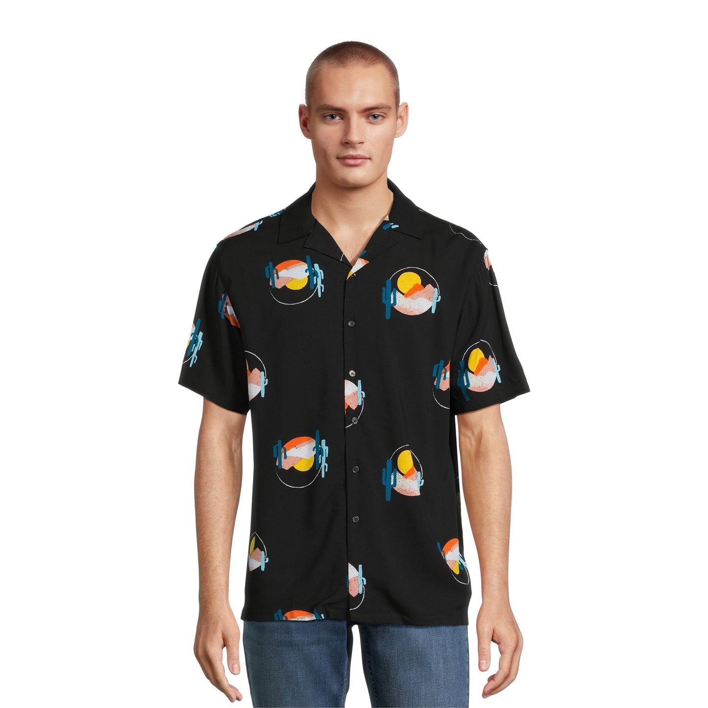 No Boundaries Men's Print Button Up Shirt with Short Sleeves, Sizes XS-3XL