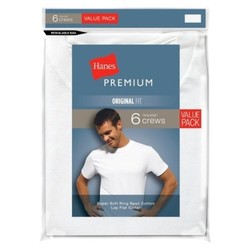 Hanes 6 Pack Premium Original Fit Crew T-Shirts, White, Medium