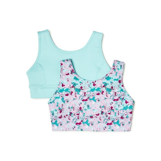 Athletic Works Girls Sports Bra, 2 Pack, Size S, Jade/Watercolor