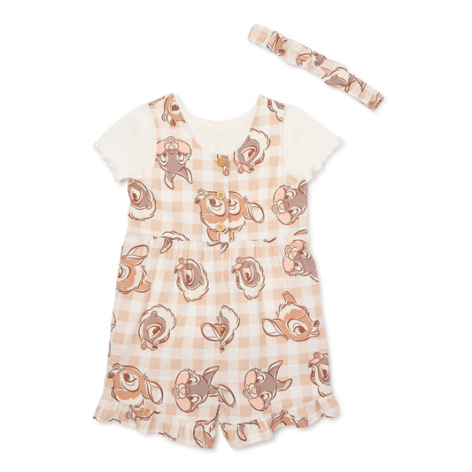 Bambi Baby Girl Shortall and Tee Outfit Set with Headband, Sizes 0/3 Months-24 Months