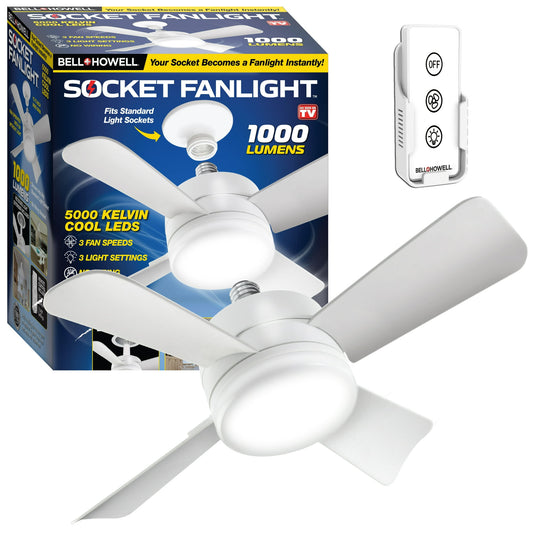 Bell + Howell Socket Fan Ceiling Light for Indoor Room 4 Blades 1000 Lumens Warm Light 15" Dia White