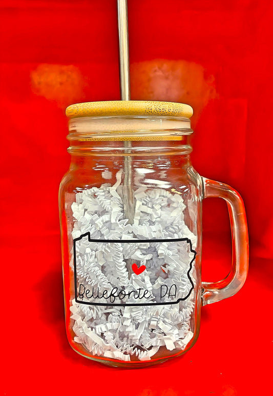 "Bellefonte" Mason Jar Glass w/wooden Lid and Metal Straw 16 oz.