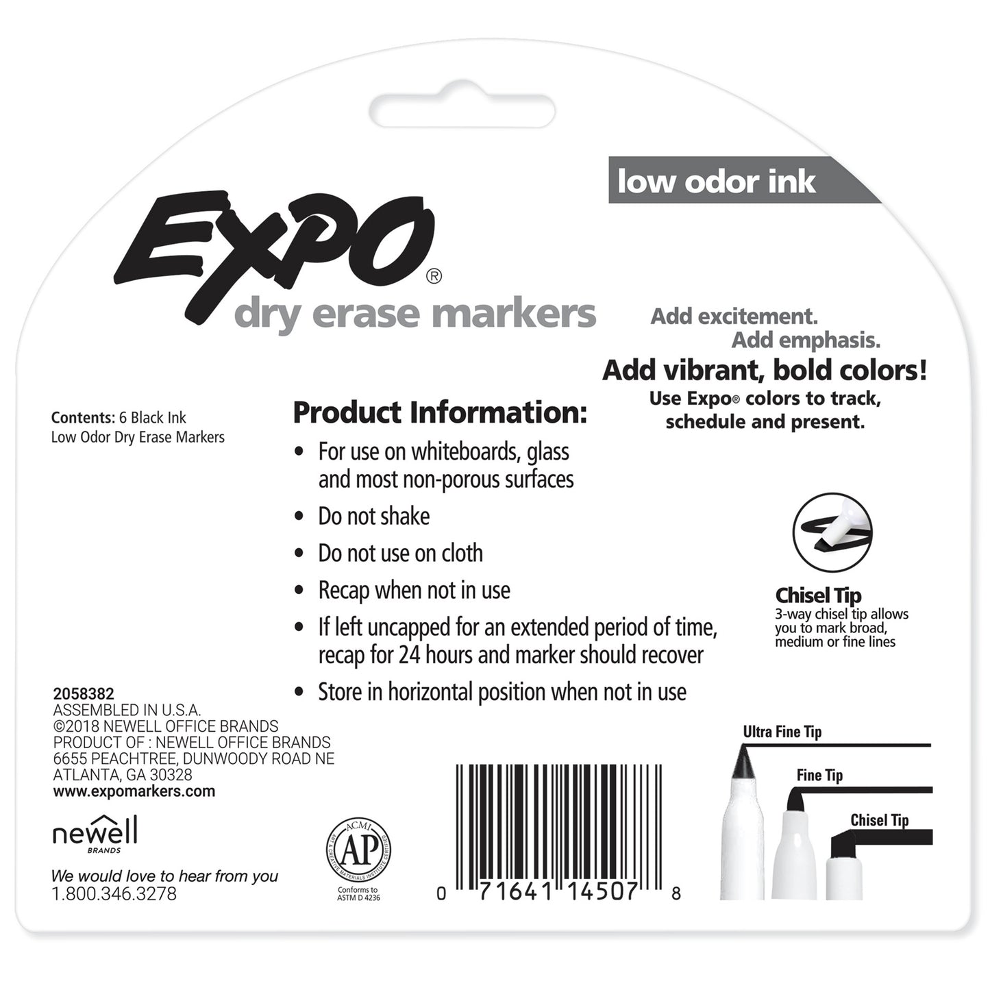 Expo Low Odor Dry Erase Markers, Chisel Tip, Black, Includes 2 Bonus Markers, 6 Count