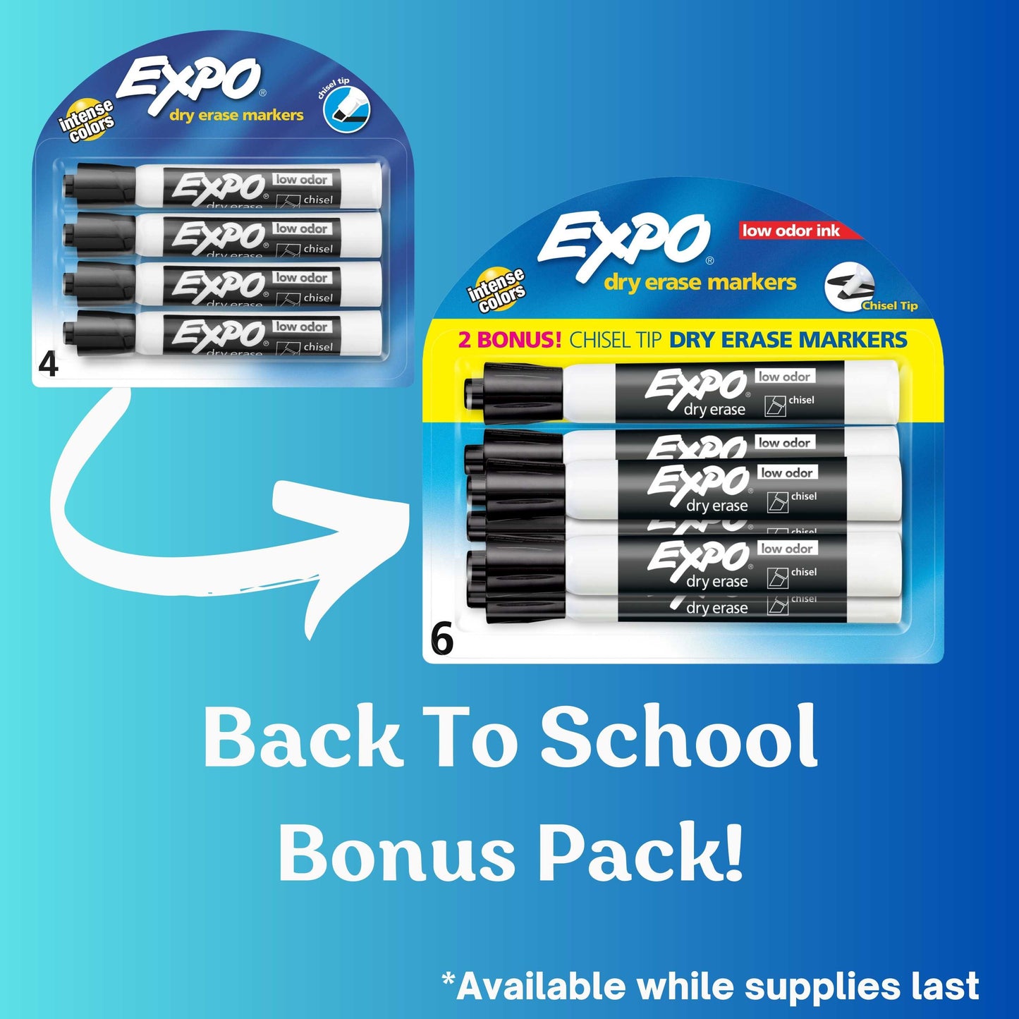 Expo Low Odor Dry Erase Markers, Chisel Tip, Black, Includes 2 Bonus Markers, 6 Count