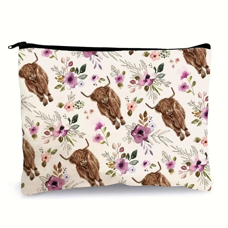 Cow And Pink Flower Printing Cosmetic Bag