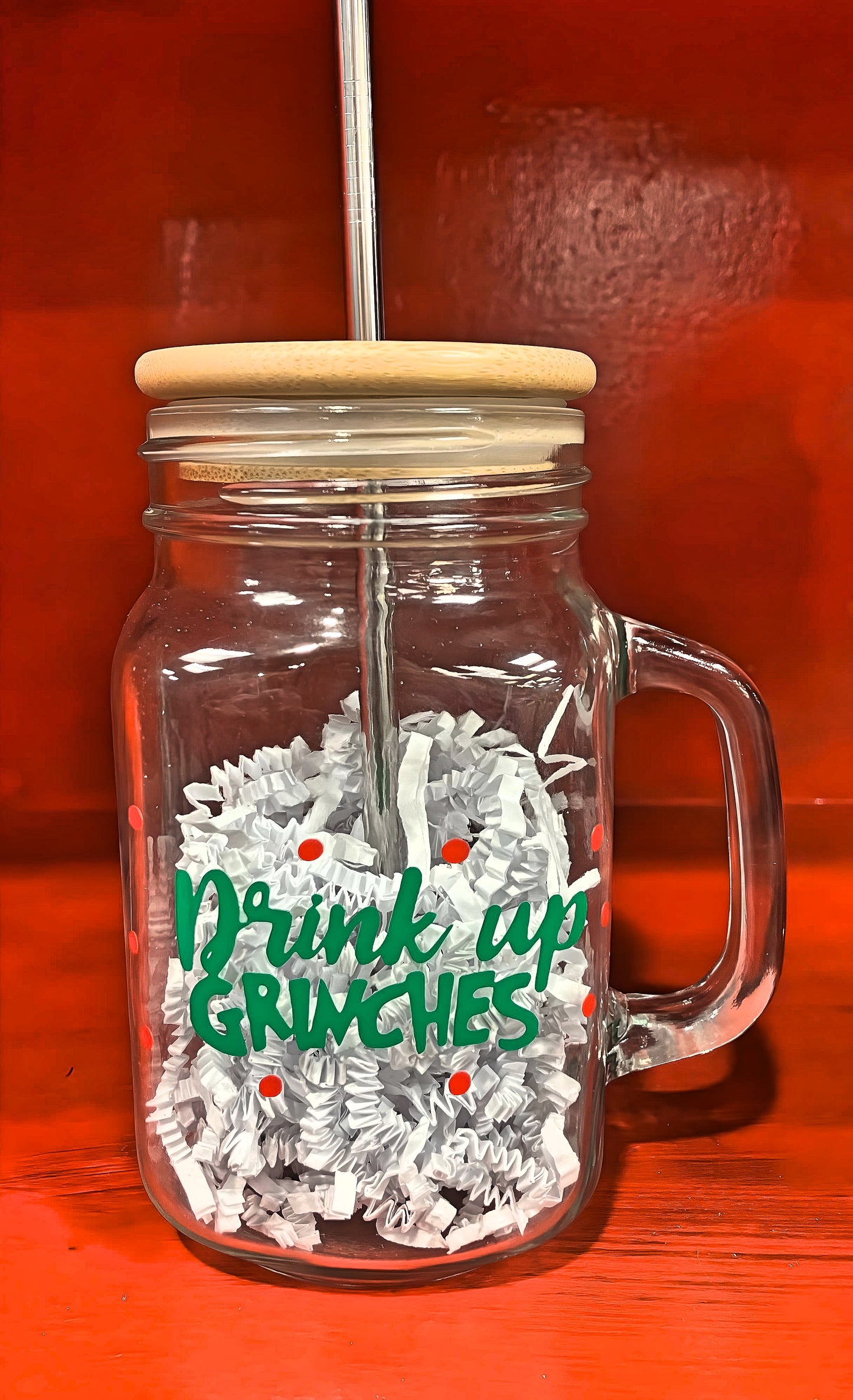 "Drink Up Grinches" Mason Jar Glass w/Wooden Lid and Metal Straw 16 oz.