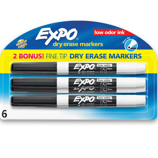 Expo Low Odor Dry Erase Markers, Fine Tip, Black, Includes 2 Bonus Markers, 6 Count