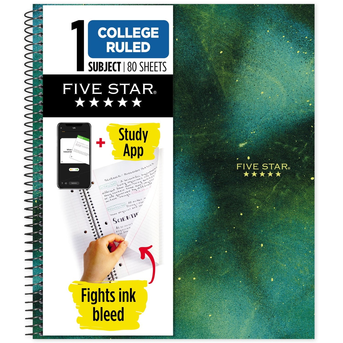 Five Star Green Borealis Notebook Plus Study App, 1 Subject, College Ruled, 8.5" x 11"