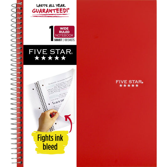 Five Star Wirebound Notebook, 1 Subject, Wide Ruled, Fire Red