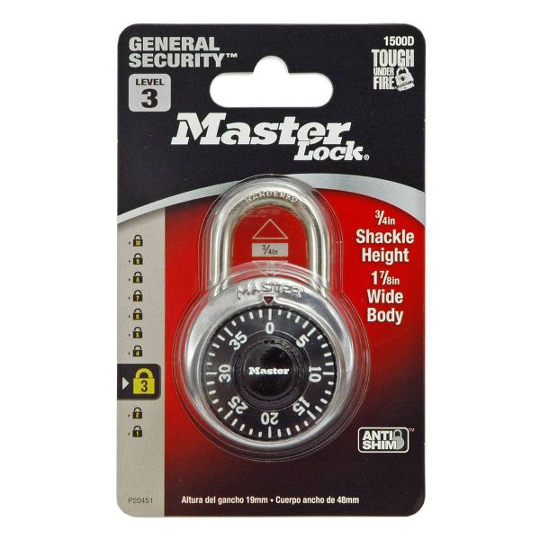 Master Lock 1-7/8" Black Dial Combination Padlock: Silver, Pin-Tumbler, Locker Lock, Automatic Lock Scramble