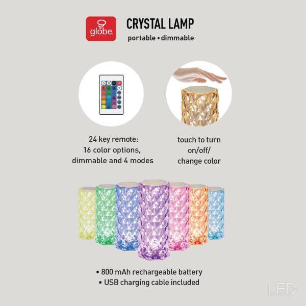 Globe Electric Crystal Lamp: Touch Sensor, LED Bulb, Multicolored, Battery Powered, Novelty Table Light, 8.5" Height