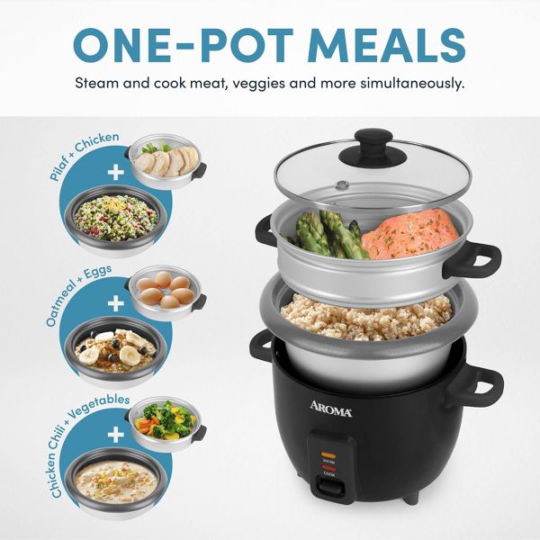 Aroma 6 Cup Rice Cooker with Outer Steam Tray Black: 2 Quart, One-Touch, Nonstick, Includes Accessories