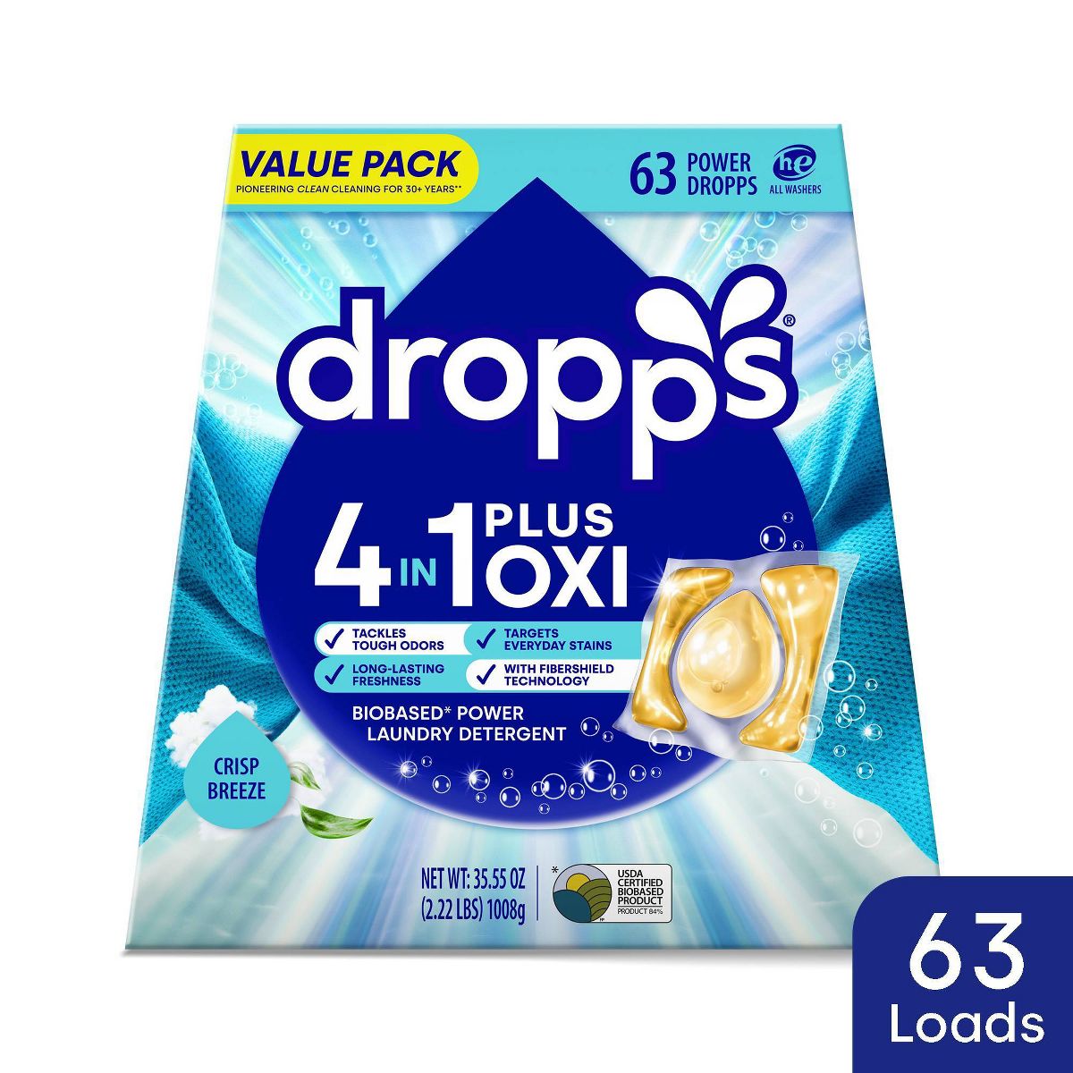 Dropps Laundry 4-in-1 Plus Oxi Power Biobased Detergent Pods - Crisp Breeze - 63ct