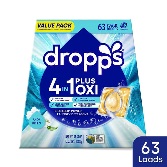 Dropps Laundry 4-in-1 Plus Oxi Power Biobased Detergent Pods - Crisp Breeze - 63ct