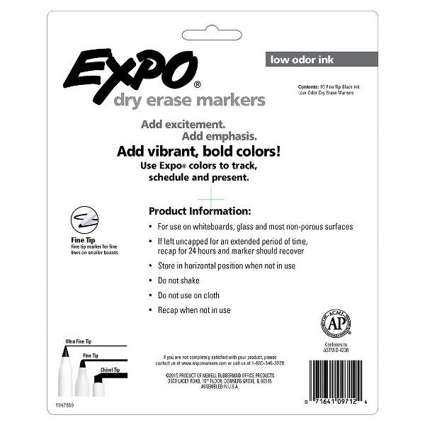 Expo 10pk Dry Erase Markers Fine Tip Black: Thin Black Expo Markers for Art & Office