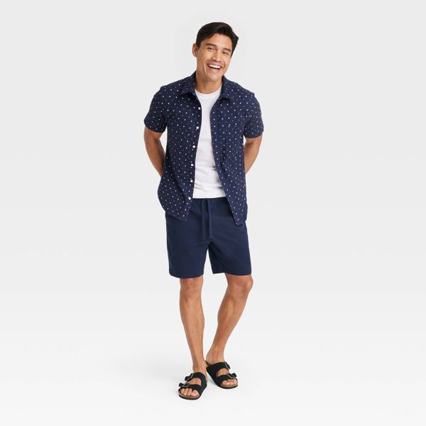 Men's Star Print Short Sleeve Button-Down Shirt - Goodfellow & Co™ Heathered Navy Blue - XL