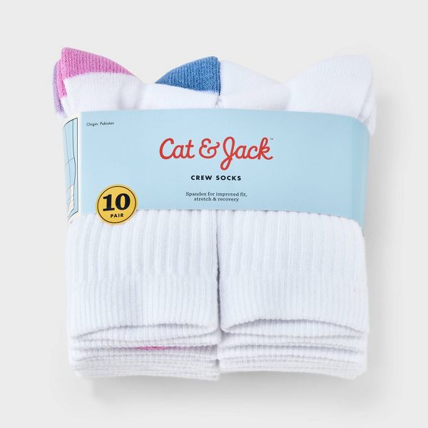 Girls' 10pk Crew Socks - Cat & Jack™ White - Size L (3-7)