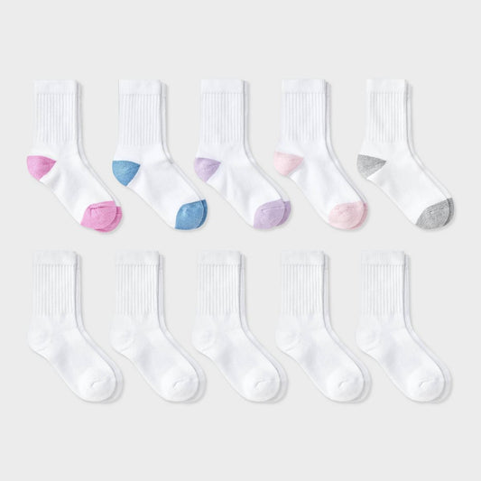 Girls' 10pk Crew Socks - Cat & Jack™ White - Size L (3-7)