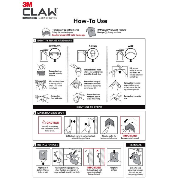 3M Claw 45lbs Drywall Picture Hanger with Temporary Spot Marker: Metal Hooks & Hangers, Picture Hanging Kit, 3 Pack