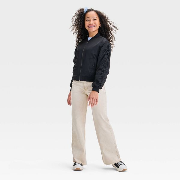 Girls' Solid Blouson Jacket - Medium/Black