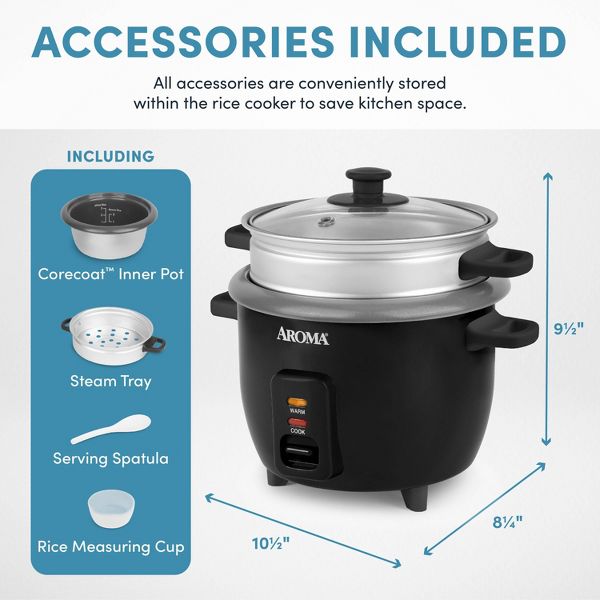 Aroma 6 Cup Rice Cooker with Outer Steam Tray Black: 2 Quart, One-Touch, Nonstick, Includes Accessories