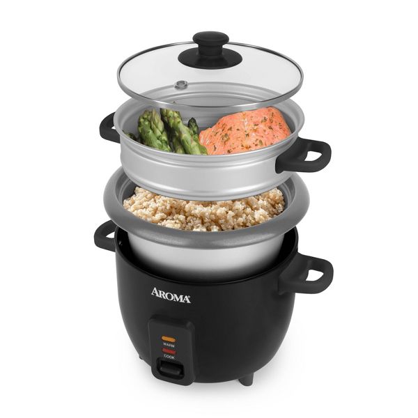 Aroma 6 Cup Rice Cooker with Outer Steam Tray Black: 2 Quart, One-Touch, Nonstick, Includes Accessories