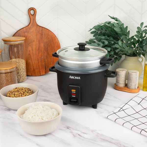 Aroma 6 Cup Rice Cooker with Outer Steam Tray Black: 2 Quart, One-Touch, Nonstick, Includes Accessories