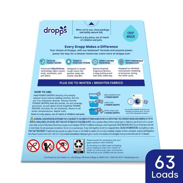 Dropps Laundry 4-in-1 Plus Oxi Power Biobased Detergent Pods - Crisp Breeze - 63ct