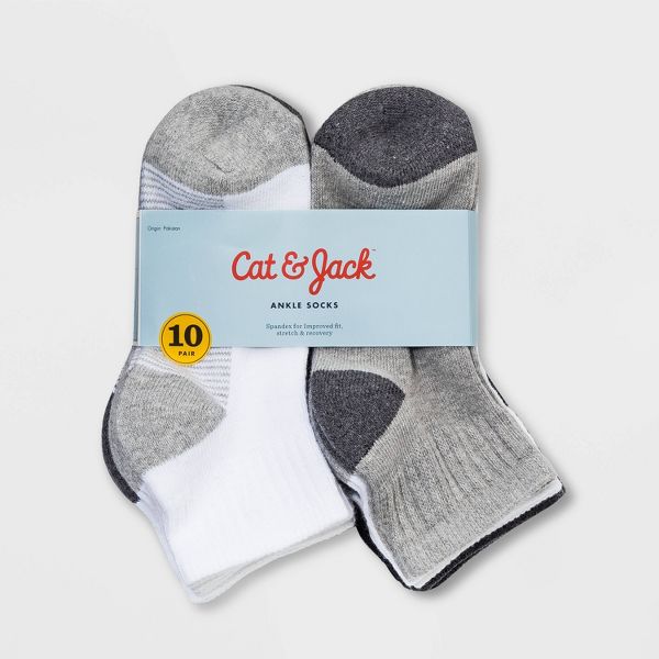 Boys' 10pk Ankle Socks - Cat & Jack™ White/Gray/Black - Size M (9-2.5)