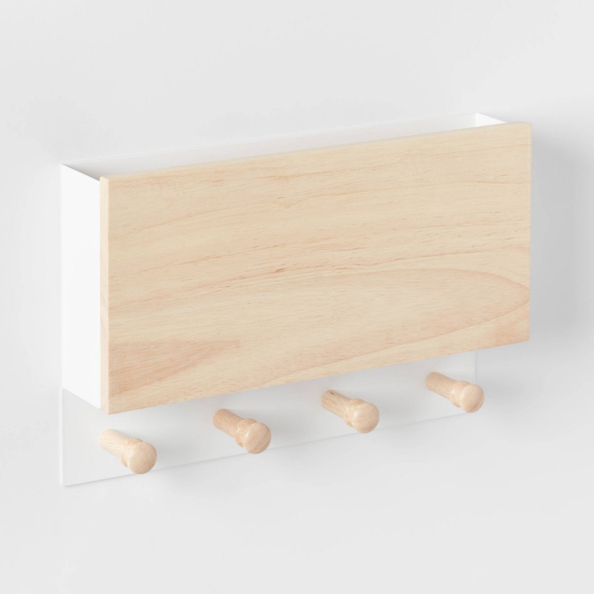 Mixed Material Mail Holder Matte White Hooks on Light Wood - Brightroom™: Wall Mounted Decorative Hook Rack, 4 Hooks