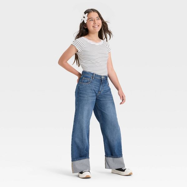 Girls' Mid-Rise Loose Slouchy Wide Leg Jeans - art class™ - Size: 14 Plus - Color: Dark Blue
