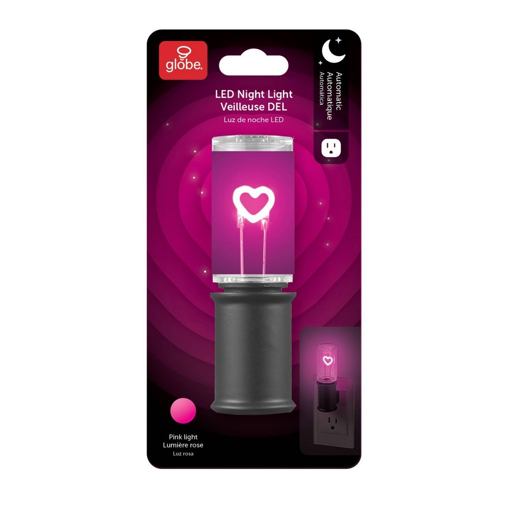 Globe Electric Auto On/Off Pink Heart Filament Night Light: LED Plug-In Novelty for Kids' & All Ages