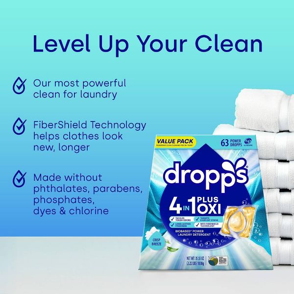 Dropps Laundry 4-in-1 Plus Oxi Power Biobased Detergent Pods - Crisp Breeze - 63ct