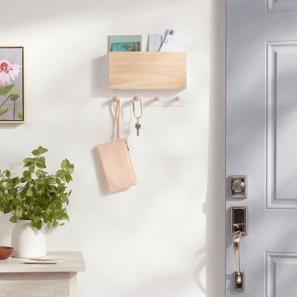 Mixed Material Mail Holder Matte White Hooks on Light Wood - Brightroom™: Wall Mounted Decorative Hook Rack, 4 Hooks