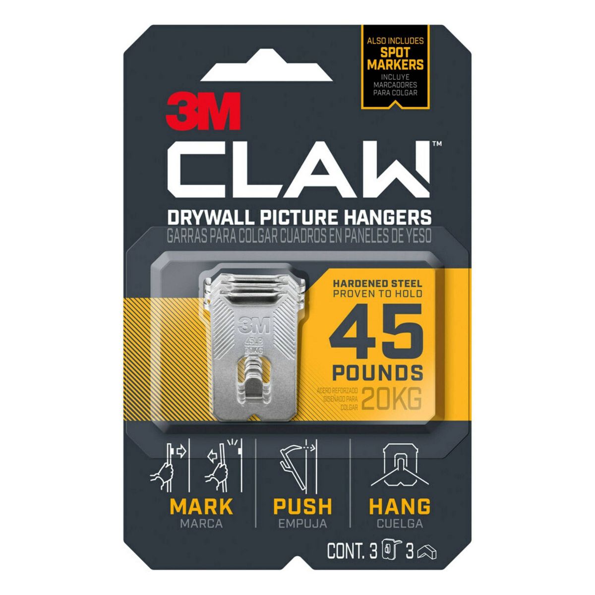 3M Claw 45lbs Drywall Picture Hanger with Temporary Spot Marker: Metal Hooks & Hangers, Picture Hanging Kit, 3 Pack
