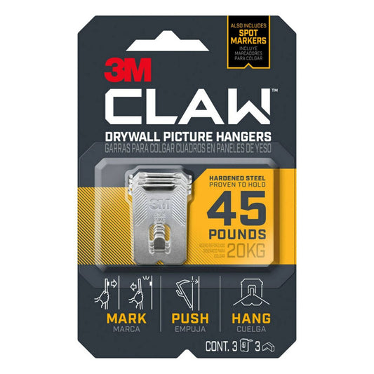 3M Claw 45lbs Drywall Picture Hanger with Temporary Spot Marker: Metal Hooks & Hangers, Picture Hanging Kit, 3 Pack