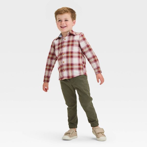 OshKosh B'gosh Toddler Boys' Plaid Woven Long Sleeve Flannel Shirt - 4T - Burgundy/Brown/Cream