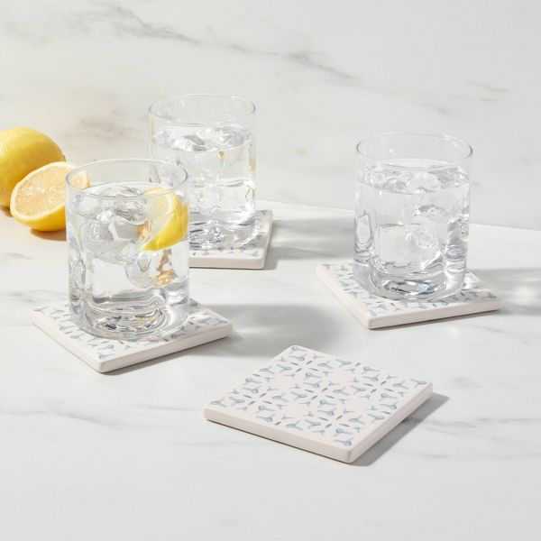 4pk Stoneware Stamp Coasters Light Blue - Threshold™: Traditional Drink Coasters, Hand Wash, 4" Square, Set of 4