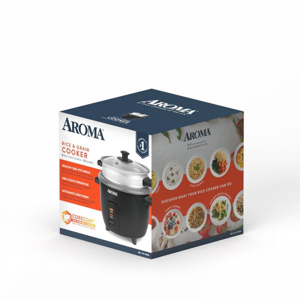 Aroma 6 Cup Rice Cooker with Outer Steam Tray Black: 2 Quart, One-Touch, Nonstick, Includes Accessories