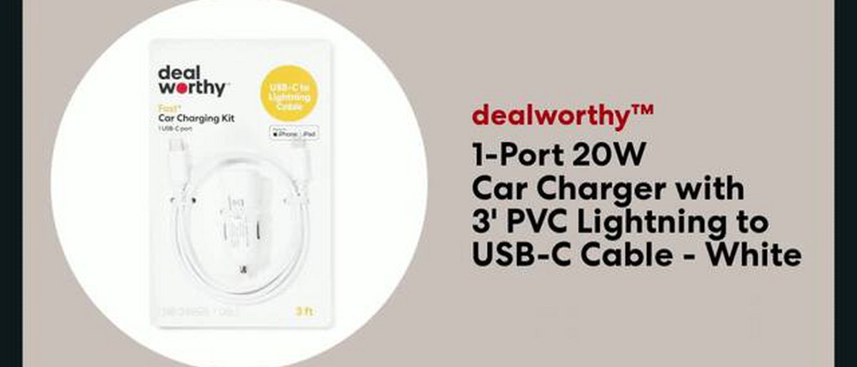 1-Port 20W Car Charger with 3' PVC Lightning to USB-C Cable - dealworthy™ White: Charge Indicator, Short Circuit Protection